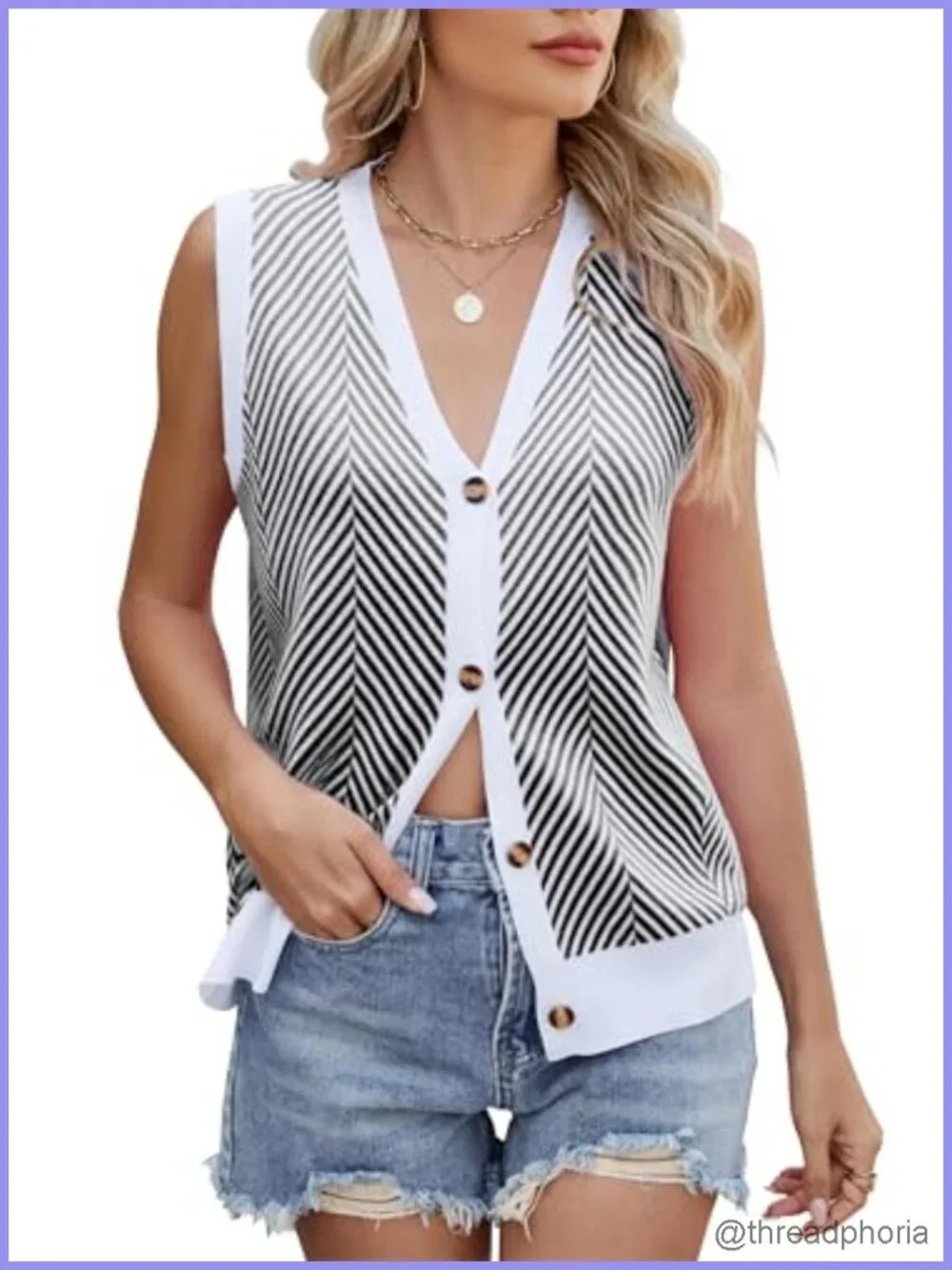Sleeveless Striped Sweater Vest Cardigan Women's Casual Knit Button Down